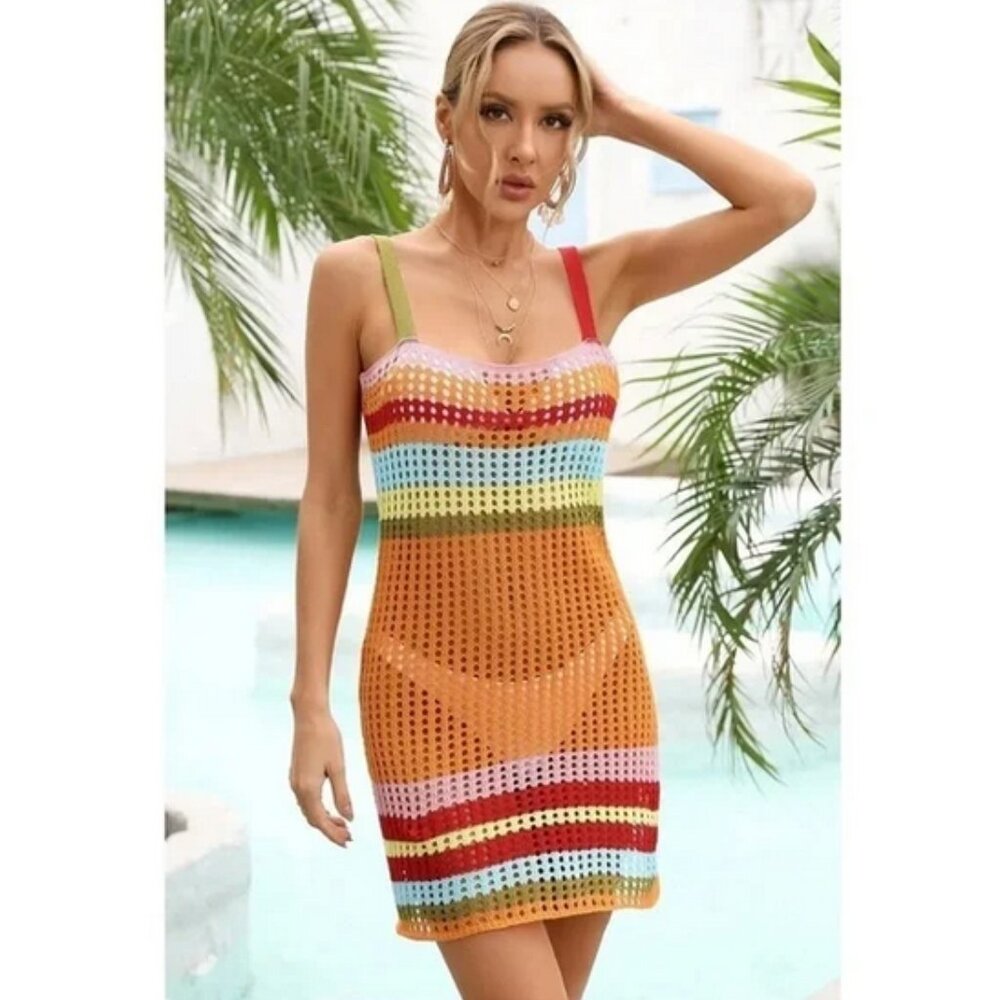 Striped Color-Pop Crochet Mini Beach Dress